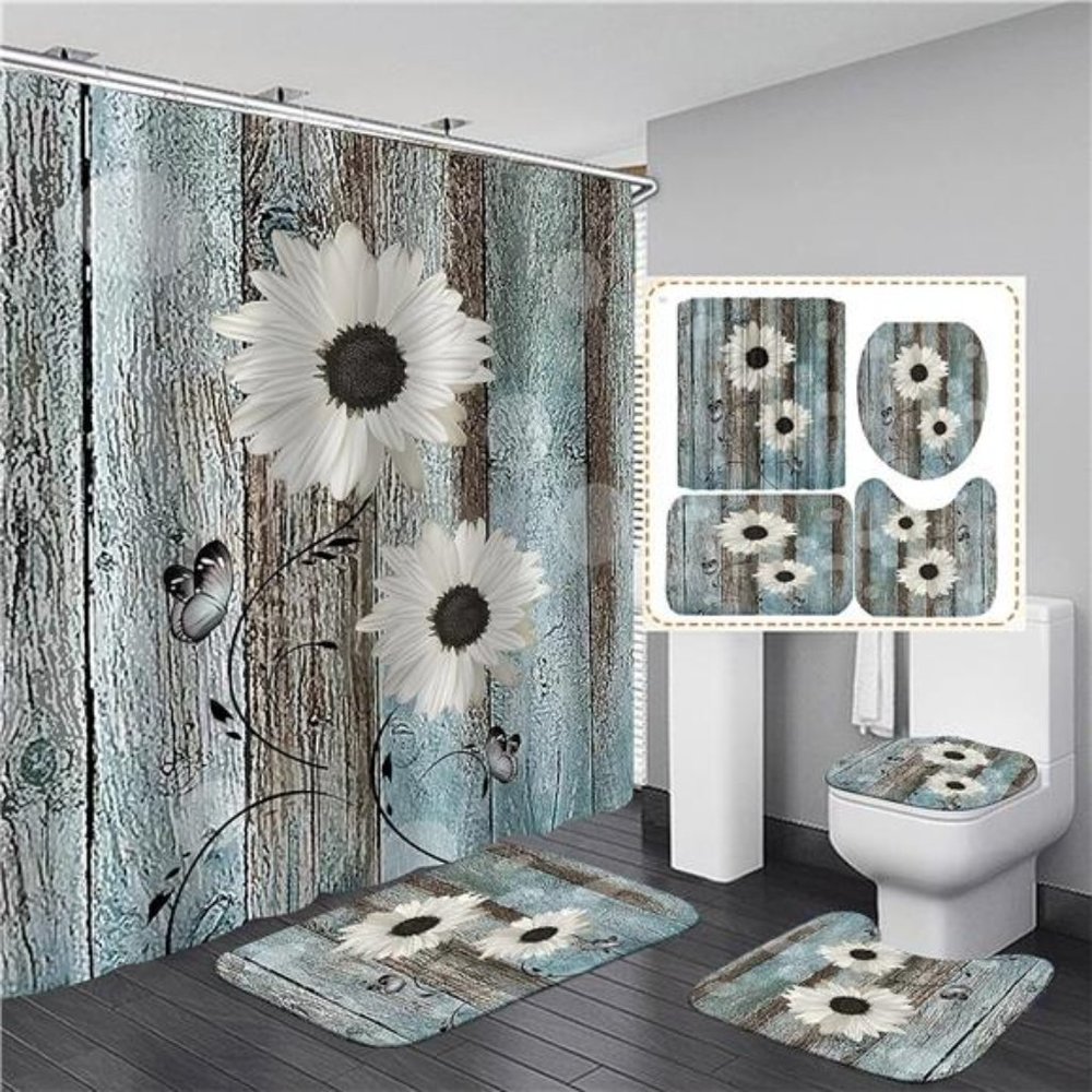 White Daisy Flower Shower CurtainSets with Rugs 4Piece Rustic Flower Floral Wood